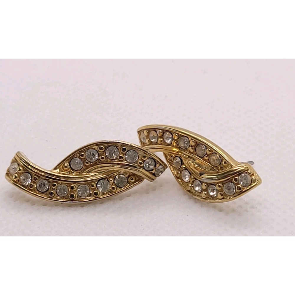 Vintage 1980s Monet Gold Tone Rhinestone Wave Stud Earrings